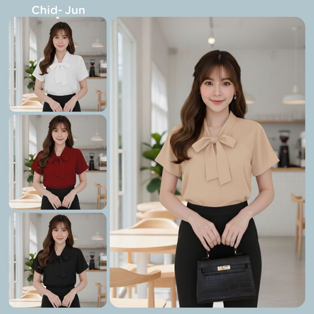 แบรนด์ Chid_Jun99 เสื้อแขนสั้นบ่าสโลป คอโบว์หน้า ใส่ทำงานใส่ทางการ สาวออฟฟิศน่ารักอก32-44 ครบสีทุกโอกาส