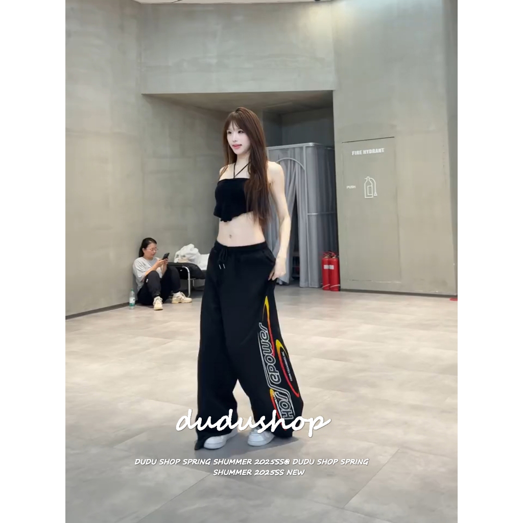 [Hip-hop trendy printed trousers]กางเกงขากว้างพิมพ์ลายสไตล์ฮิปฮอปสำหรับผู้หญิงแนวแจ๊สแดนซ์ย้อนยุค