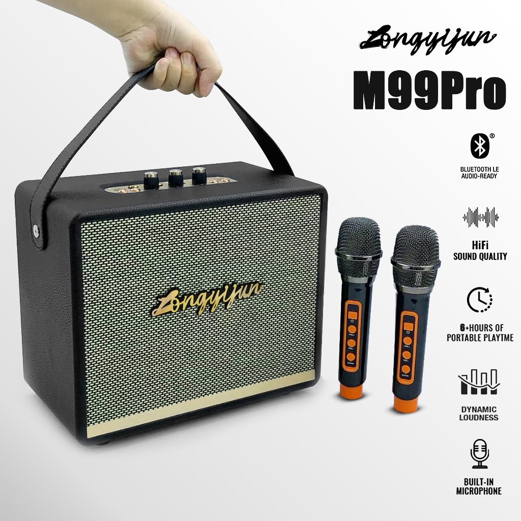 ลำโพงบลูทูธ M99Pro ฟรีไมค์ลอย2ตัว ไมค์ปรับเสียง-โทนเสียงได้ รองรับ TF AUX TWS กีตาร์ รองรับการปรับแต่งเอฟเฟกต์เสียงได้