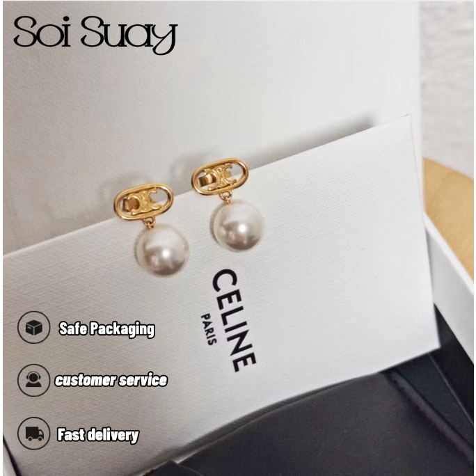 ต่างหูสตั๊ดทองเหลืองประดับมุกโลโก้ Celine