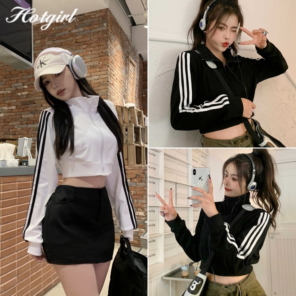 Hotgirl พร้อมส่ง เสื้อมีซิปผู้หญิง แขนยาวสีดำ สวมใส่สบาย มีซิป เสื้อผ้าสปอร์ต สไตล์เกาหลี