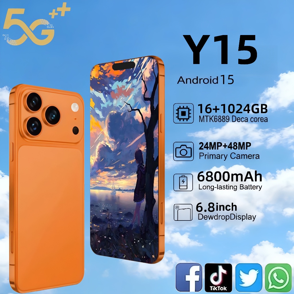 สมาร์ทโฟน Y15 6.8 นิ้ว 16GB + 1024GB 5G WiFi มือถือ 5G Android WiFi โทรศัพท์รับประกัน 1 ปี