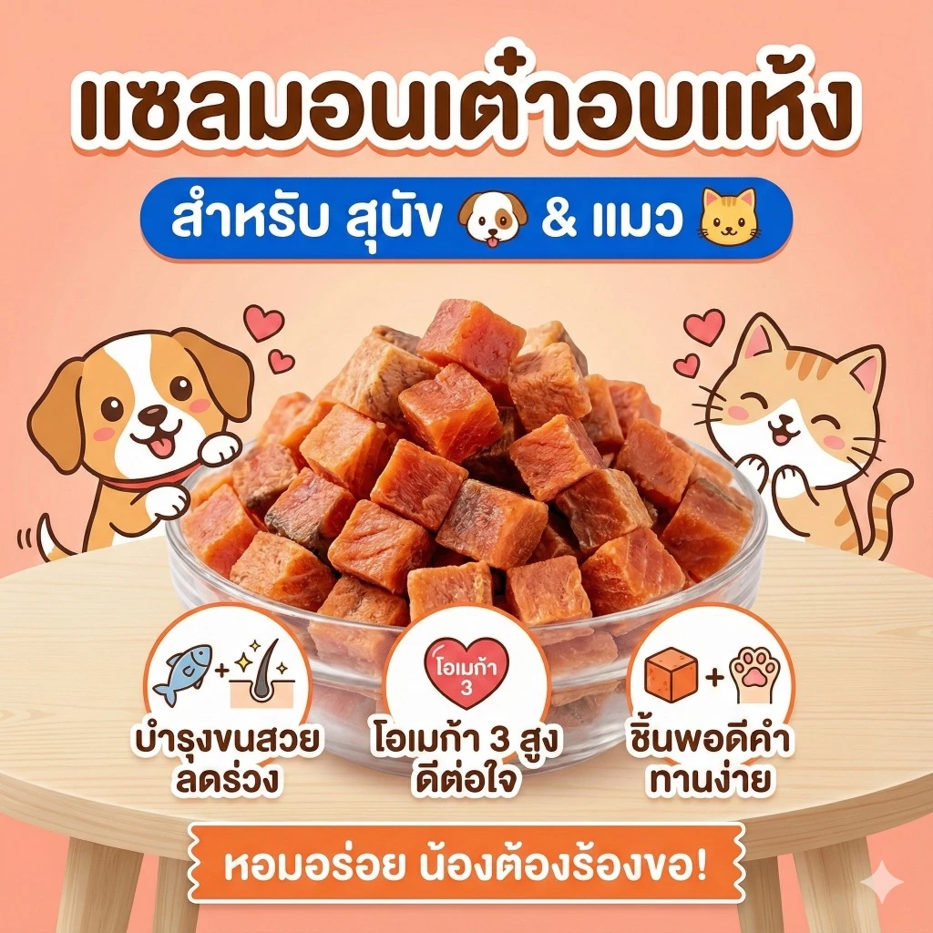 แซลมอนเต๋า อบแห้ง ขนมแมว ขนมสุนัข ขนมหมา กลิ่นหอม ไม่เค็ม ฝึกง่าย แก้เบื่ออาหาร กินแล้วหมาไม่ดื้อ ปลาอบแห้ง
