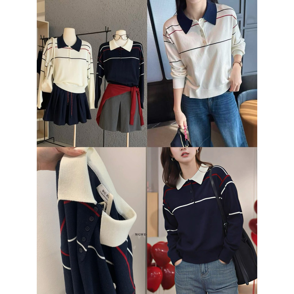 (New) เสื้อสเวตเตอร์ คอปกแขนยาว ป้าย WG.WE สีครีม คอปกสีกรม จั้มเอว ผ้าไหมพรมนุ่มมาก อก 42-48 ยาว 20.5 นิ้ว