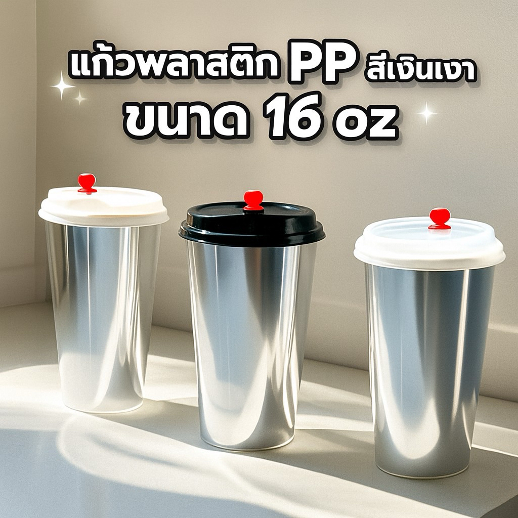 แก้วพลาสติก PP สีเงินเงา ปาก 90mm ขนาด 16 oz พร้อมฝา 50 ใบ