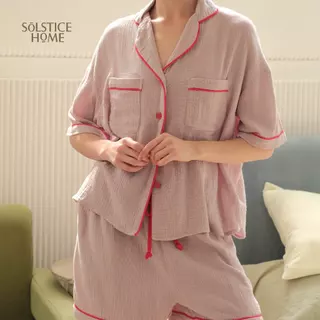 Solstice Home ชุดนอนผู้หญิง Oversize Morning Snooze แขนสั้นขาสั้น - ผ้า Cloud Cotton กุ๊นขอบสี ชุดนอนโนบรา