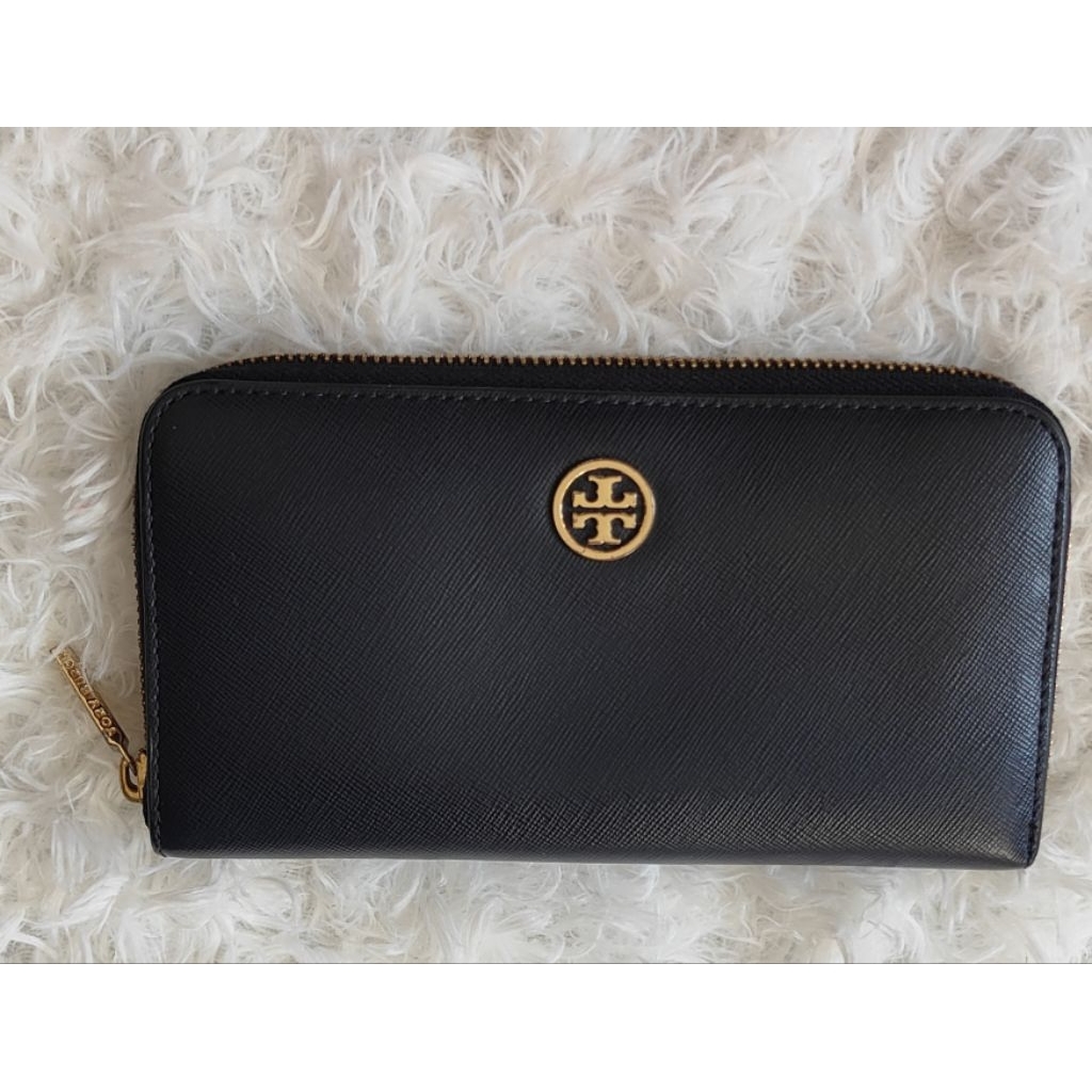 Tory Burch กระเป๋าสตางค์สีกรมซิบรอบมือสองของแท้
