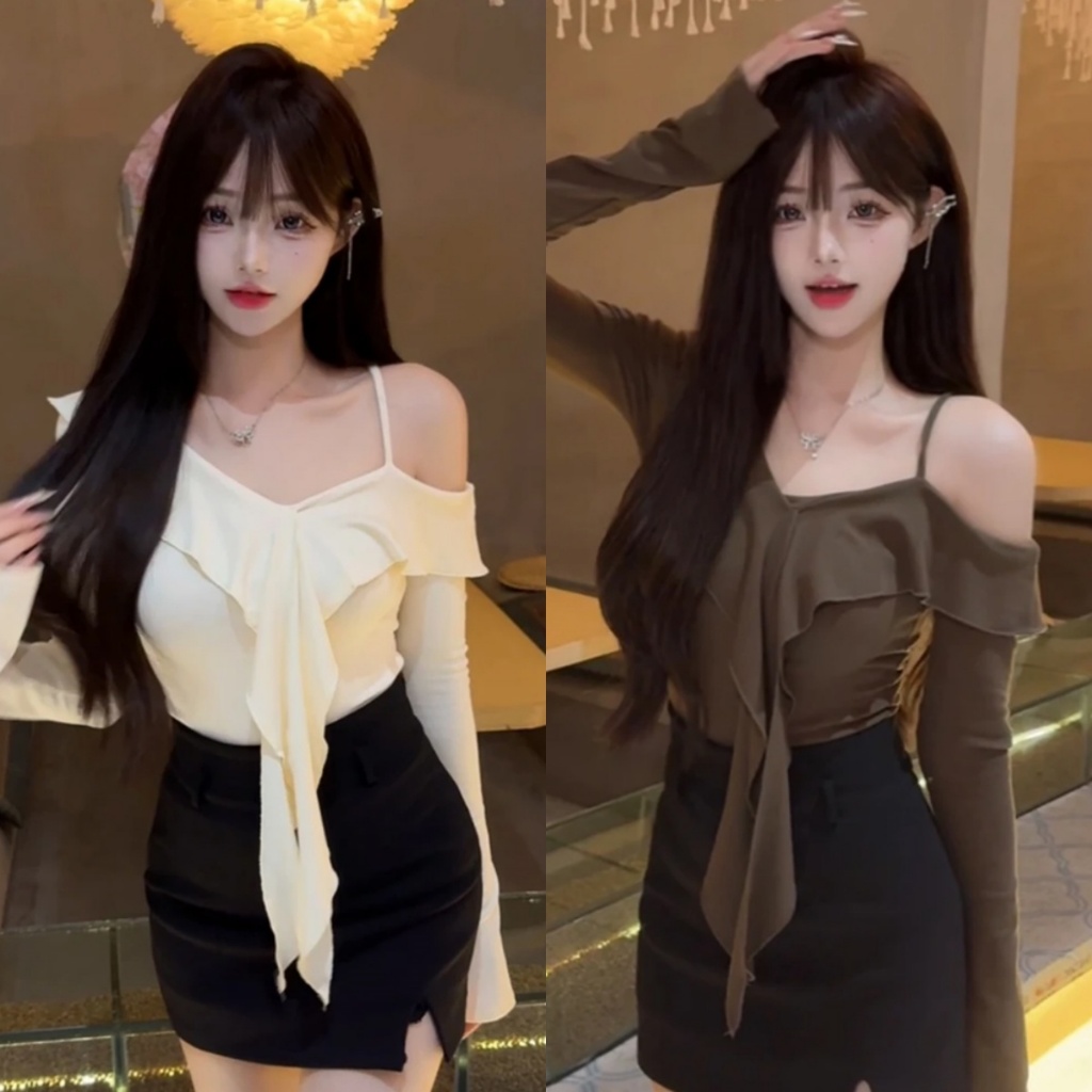 เสื้อแขนยาวเปิดไหล่สไตล์เกาหลี ระบาย สีพื้น ใส่ได้หลากหลาย สไตล์หวานๆ