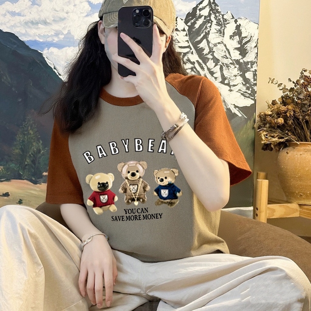 เสื้อยืดลายการ์ตูนสวยๆผู้หญิงแฟชั่นมาใหม่ oversize เสื้อผ้าสาวอวบไซส์ใหญ่น่ารัก เกาหลี เสื้อโอเวอร์ไซส์วินเทจ สีทูโทน