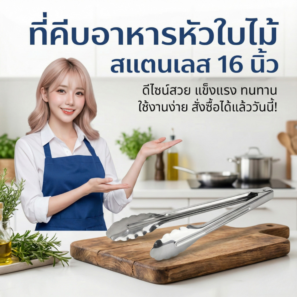 หนา⚡ที่คีบอาหารสแตนเลสหัวใบไม้ 16 นิ้ว (NF393) คีบแล้วไม่ร้อนด้ามจับยาว ที่คีบขนมปัง คีบของทอด คีบบาร์บีคิว พร้อมส่ง