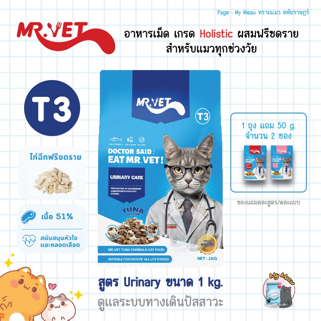 🔥 มีของแถม 🔥 Mr. Vet T3 Urinary 1 kg. สูตรดูแลระบบทางเดินปัสสาวะ อาหารแมว Holistic ผสมฟรีซดราย