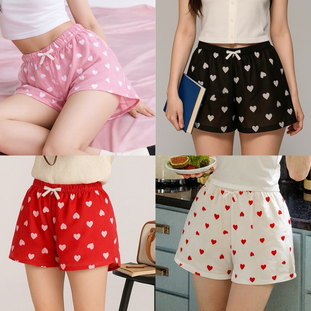 POLKA-MINIHEART🩷 - กางเกงขาสั้น ลายหัวใจน่ารัก เอวสูง,ยางยืด เนื้อผ้าบางเบา