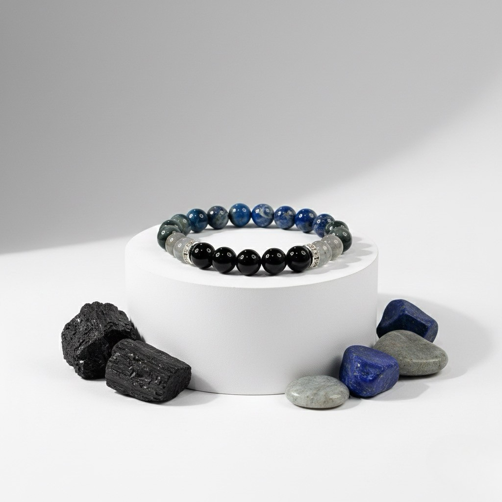 หินตาเหยี่ยว(Hawkeye) + ลาบราโดไลต์(Labradorite) + นิลดำ(Onyx) + ลาพิซลาซูลี่(​Lapis Lazuli) กำไลหินมงคล 8mm. Nareegives - รูปที่ 2