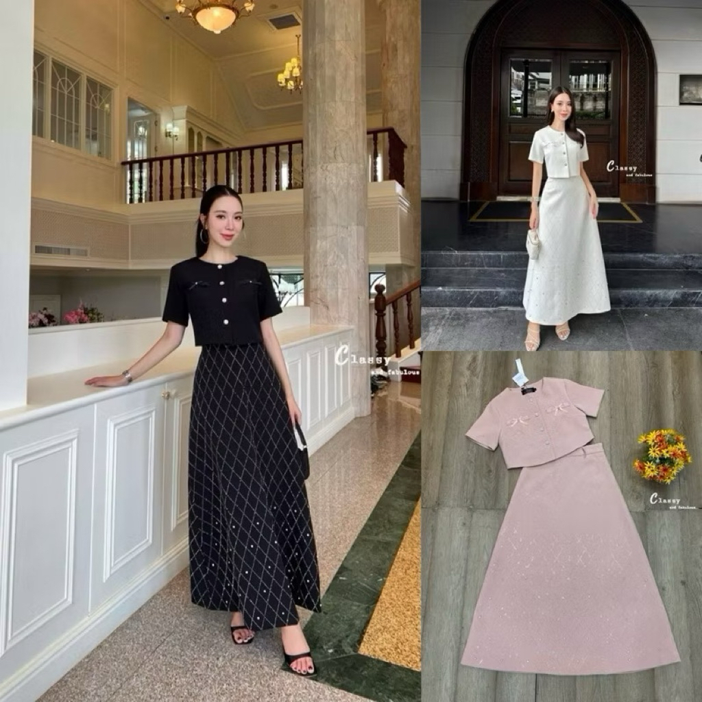 D8 มาเพิ่มแล้ว [งานป้าย] Classy Set เซทเสื้อแขนสั้น +กระโปรงยาวแต่งอะไหล่ที่ชุด สำหรับผู้หญิง สาวอวบ ไซส์ S-2XL