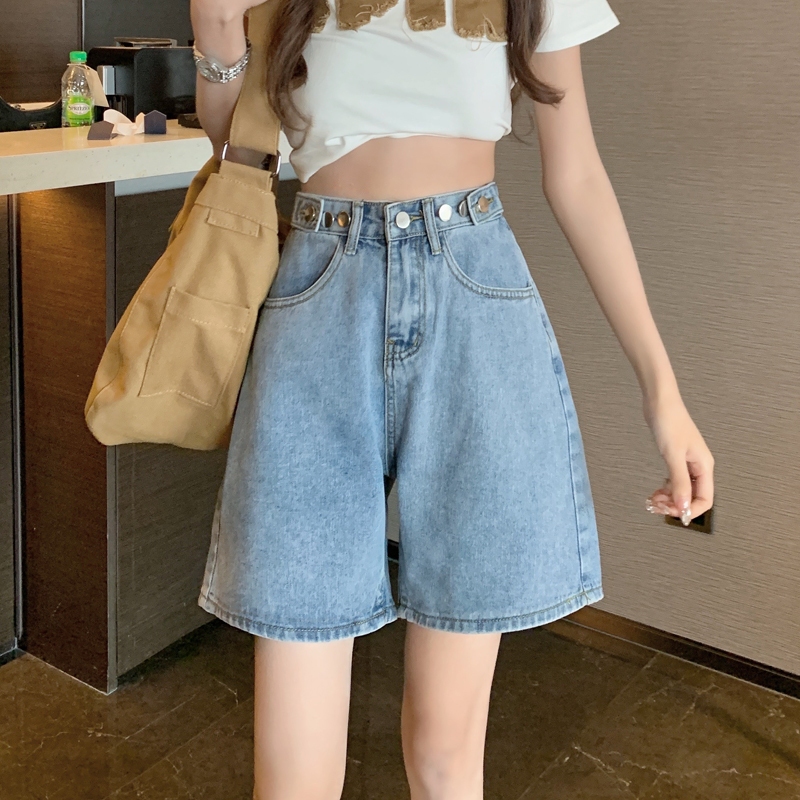 S~5XL Shorts Multi-button design shorts Blue กางเกงขาสั้นขากว้างเอวสูงสไตล์อินอินเทรนด์ กางเกงขาสั้นลำลองทรงหลวมทรงตรง