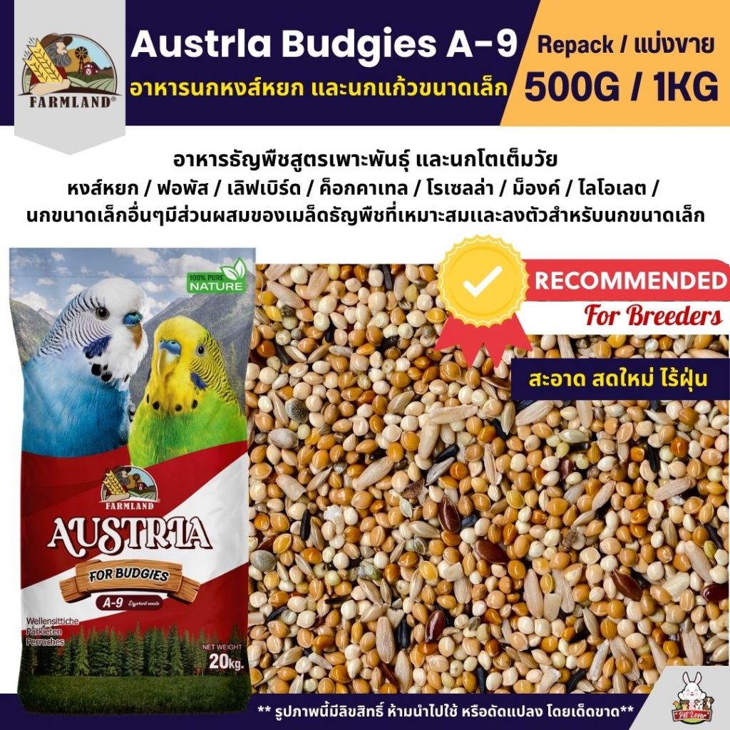 Farmland Austrla Budgies A-9 อาหารนกหงส์หยก สูตรเพาะพันธุ์ และนกโตเต็มวัย (แบ่งขาย 500G / 1KG)