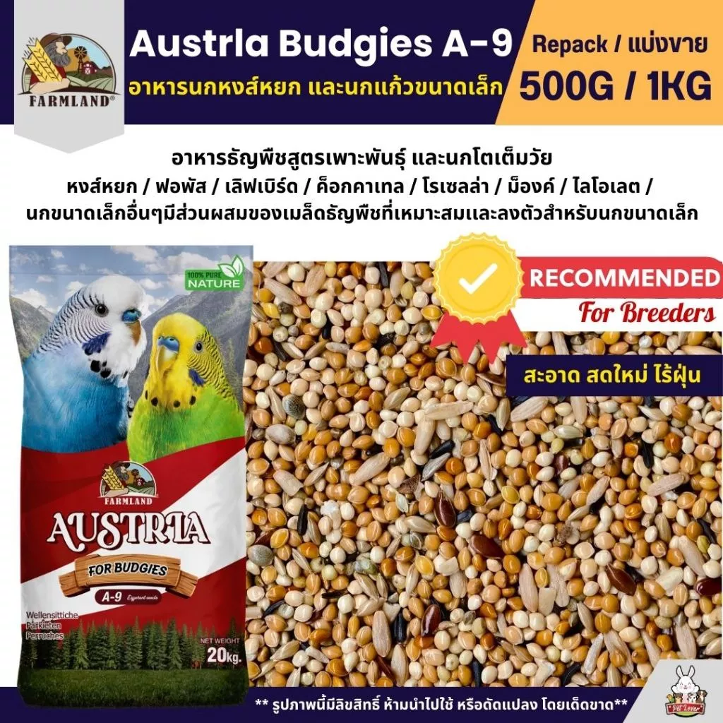 Farmland Austrla Budgies A-9 อาหารนกหงส์หยก สูตรเพาะพันธุ์ และนกโตเต็มวัย (แบ่งขาย 500G / 1KG)