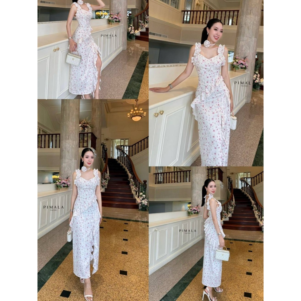 【PIMALA BRAND】 PML 51574 เดรสยาวที่ละมุนที่สุด ทรงสวยดูแพงมีสายดอกไม้ที่คอหรือจะใส่ที่ข้อมือก็สวยน้า