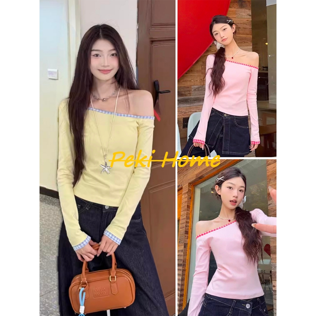 เสื้อยืดแขนยาว คอปาดแฟชั่นฤดูหนาว สำหรับสาวๆ