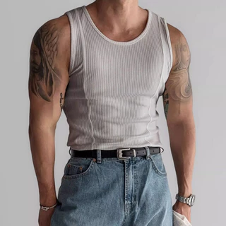 เสื้อกล้ามชาย แฟชั่นอเมริกัน ทรง Slim Fit ผ้าร่อง Ribbed เสื้อแขนกุดผู้ชาย ใส่ออกกำลังกาย ลำลอง คุณภาพสูง หลายสี【COD】