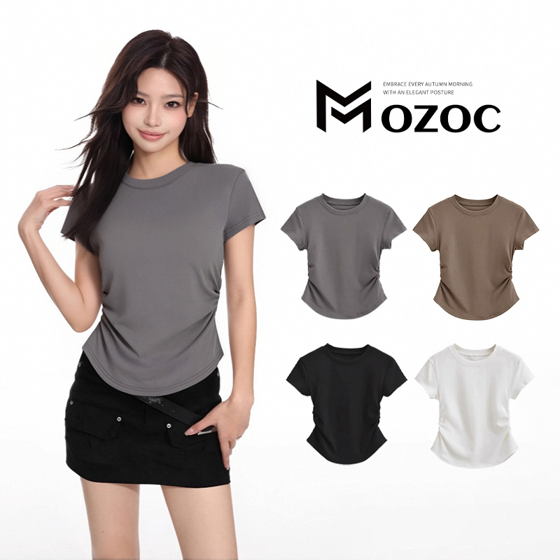 MOZOC จัดส่งจากประเทศไทย สุภาพสตรีไหล่ตรงจีบท็อปส์ซูออกแบบความรู้สึกเสื้อยืดปิดเอวบางพอดีแขนสั้นด้านล่างด้านบน