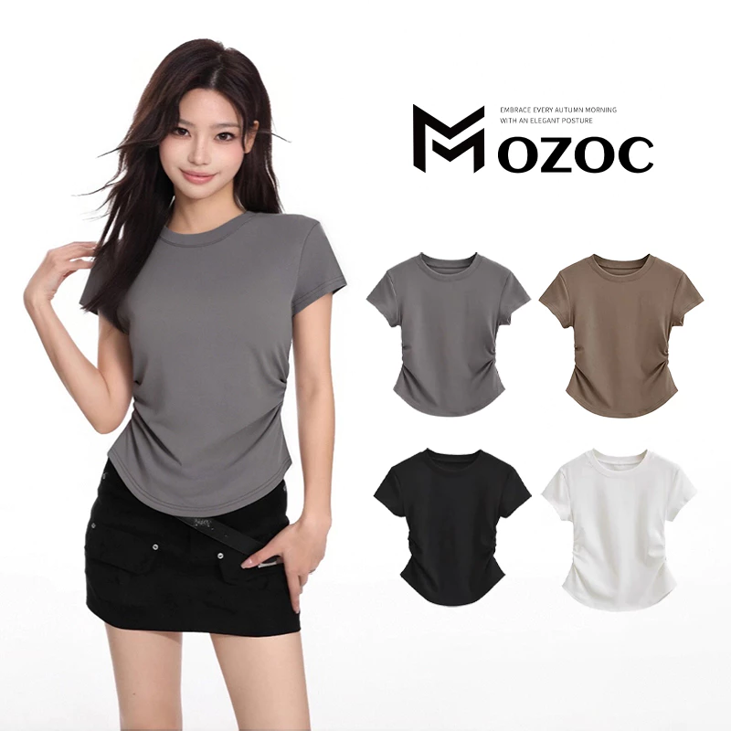 MOZOC จัดส่งจากประเทศไทย สุภาพสตรีไหล่ตรงจีบท็อปส์ซูออกแบบความรู้สึกเสื้อยืดปิดเอวบางพอดีแขนสั้นด้านล่างด้านบน
