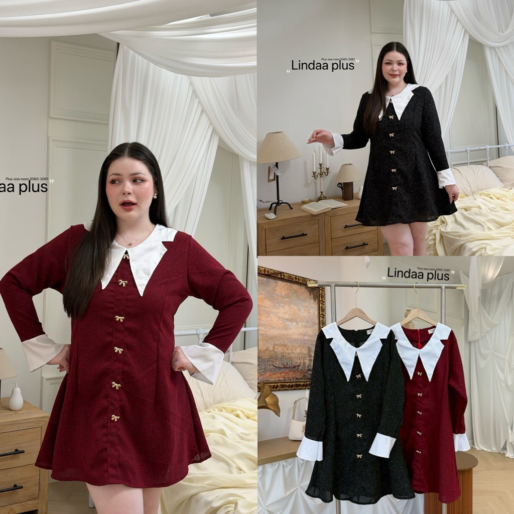 (LD) เดรสคอปก แขนยาว ผ้าทอ กระดุมโบว์ รุ่นนี้สวยมาก ใส่ทำงานเป็นคุณเลขาคนสวยได้เลย ใส่ไปคาเฟ่ก็เริ่ดไฮโซมาก ไซส์ใหญ่