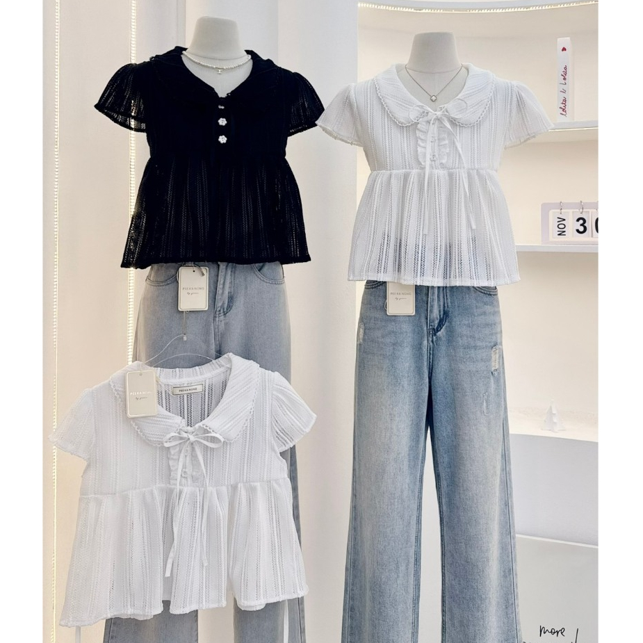 เสื้อคอบัวแต่งโบว์ที่คองานกระดุมดอกไม้ เสื้อซีทรูคอบัว (ช่วงอก 2 ชั้น) งานน่ารัก ขาว ดำ ผ้าลายสวย PEEKANONG (PE033)