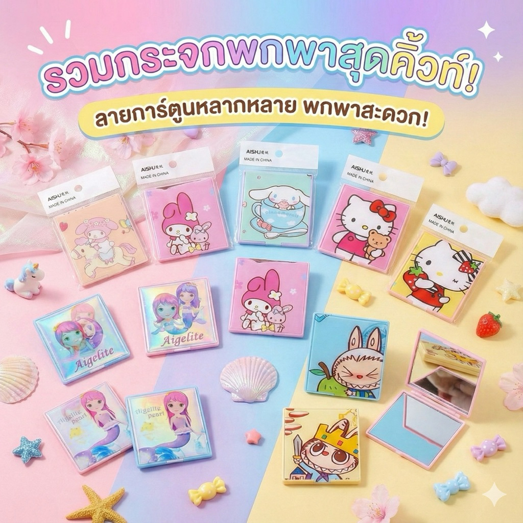 (ยกโหล) ราคาส่ง กระจกพกพา ลายการ์ตูน 7 cm. แพค 12 ชิ้น หลากหลายลาย สินค้าพร้อมส่ง