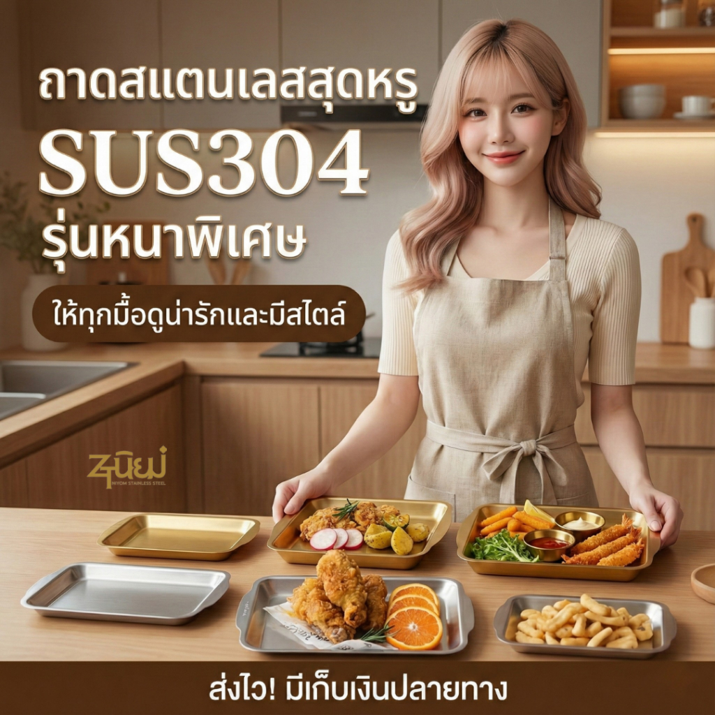 ถาดสแตนเลส ทรงสี่เหลี่ยม SUS304รุ่นหนา สีเงิน/สีทอง ถาดใส่อาหาร สไตล์เกาหลี แบบมินิมอล  พร้อมส่งTH
