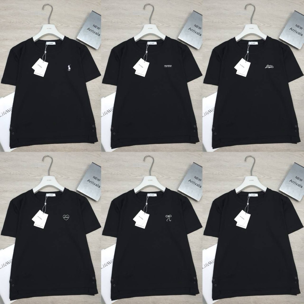 พร้อมส่ง 🎉 เสื้อยืด เสื้อยืดผู้หญิง อกหน้าผ้า42 ยาว25 ผ้ายืด ผ้ามูจิ CottonPremium คอกลม แขนสั้น แต่งลายเสื้อด้วย
