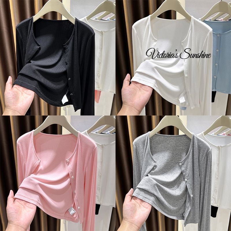 ส่งจากไทย✨เสื้อแขนยาว เสื้อคาร์ดิแกนแจ็คเก็ตบาง สีพื้น ยืดพอดีตัว กระดุมหน้า สไตล์เกาหลี ใส่คลุมสวยๆ 4 สีให้เลือก