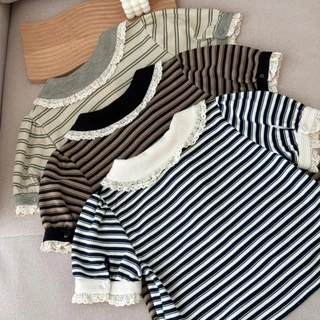 SISSY : เสื้อโปโลแขนสั้น (XS-XXL) คอบัวแต่งขอบลูกไม้ กระดุมหัวใจ ปักอะไหล่เงิน ผ้าถัก cotton สไตล์ลูกคุณหนู ผ้าใส่สบาย