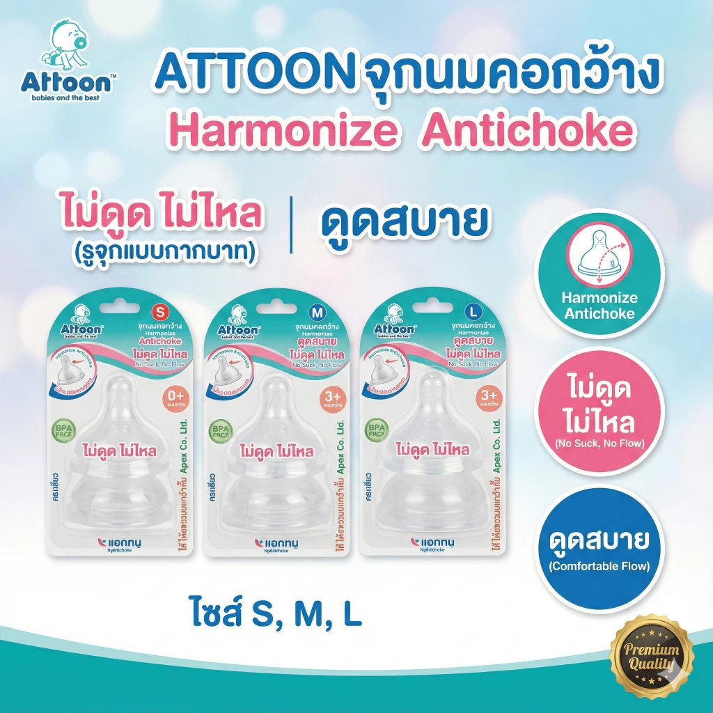 จุกนมคอกว้าง Attoon Harmonize Antichoke (ไม่ดูดไม่ไหล) รูจุกแบบกากบาท ดูดสบาย ไม่ดูด ไม่ไหล ไซส์ S,M,L