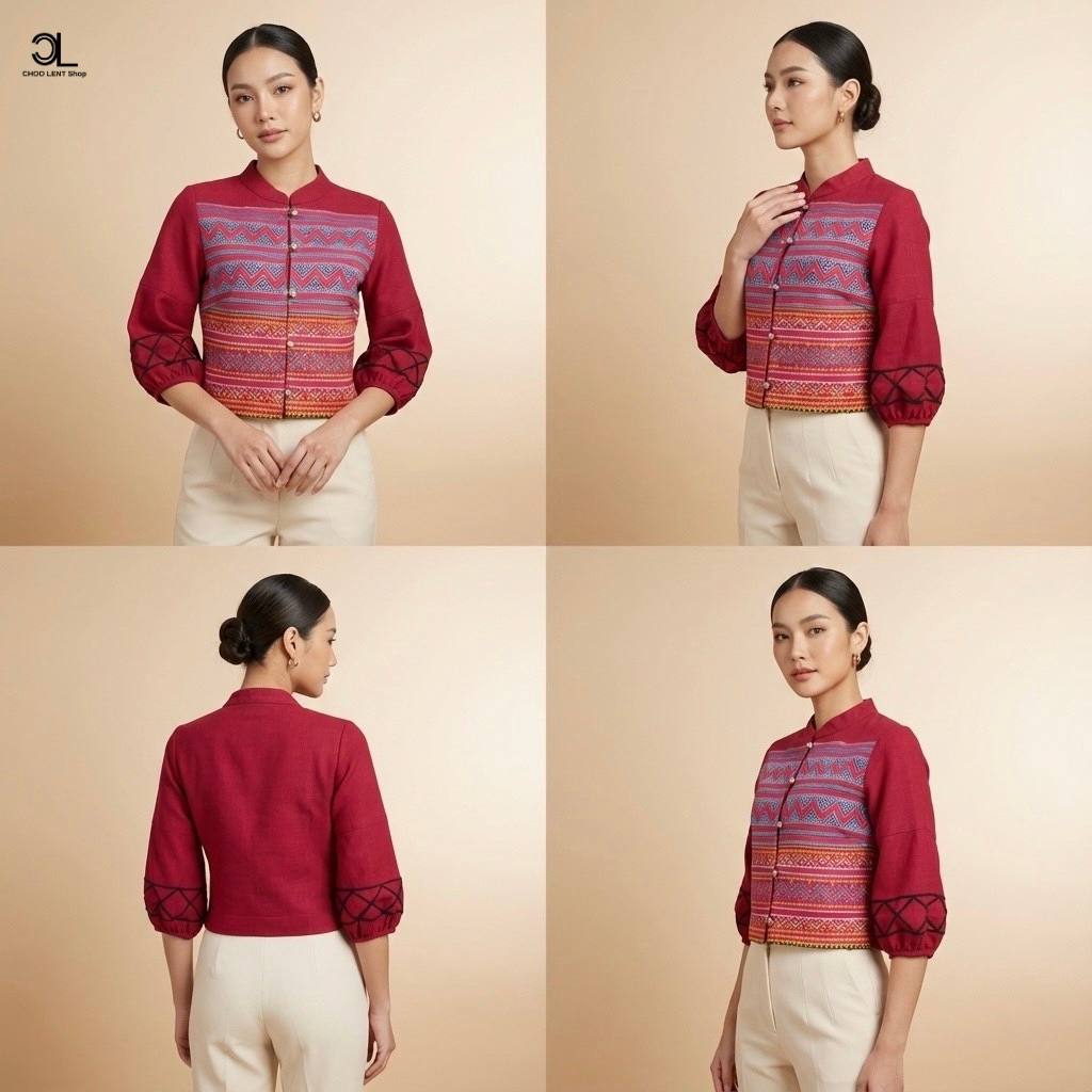 CHOO LENT เสื้อใยกันชงแต่งผ้าม้ง คอจีน รุ่น Hmong Heritage | แขนสามส่วนจั๊ม กระดุมเงิน งานปักประณีต 