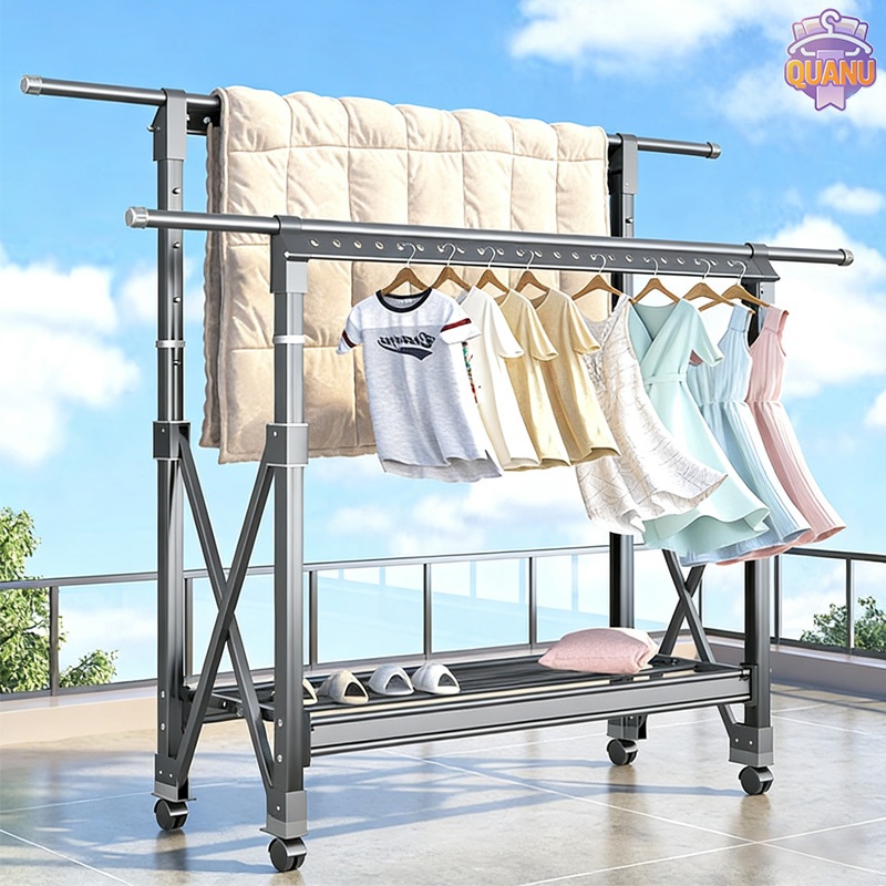 QUANU ราวตากผ้า ราวแขวนเสื้อผ้า พับเก็บได้ ยืดไสลด์ได้ มีล้อ เคลื่อนไหว Drying Rack รับน้ำหนักได้ 200kg