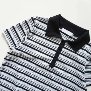 cherryshop พร้อมส่ง เสื้อยืดแขนสั้นลายทางสไตล์เกาหลีแฟชั่นลำลองสำหรับผู้หญิง ปกคอโปโล กระดุมหน้า ทรงหลวม