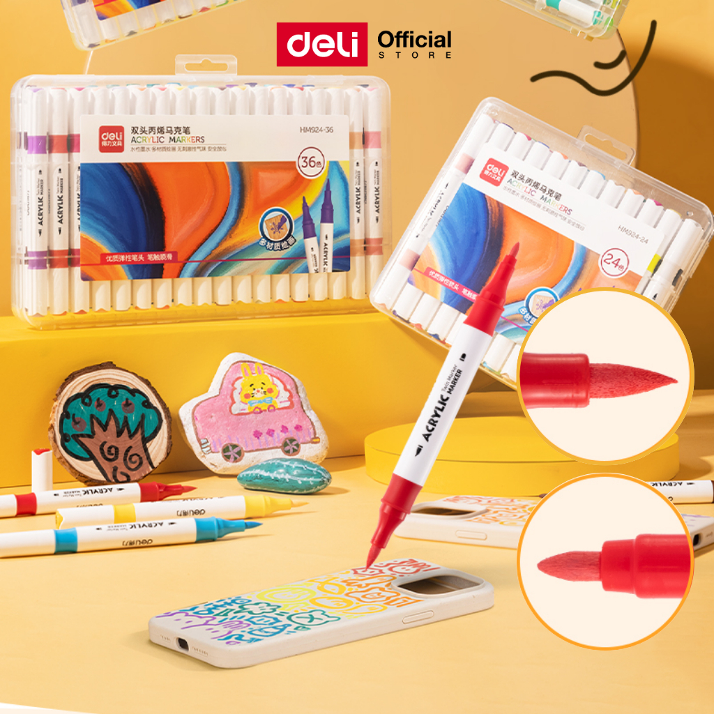 ปากกาอะคริลิค 12/24/36/48 สี Deli ปากกามาร์กเกอร์อะคริลิค แบบ 2 หัว กันน้ำ เขียนได้ทุกพื้นผิว อุปกรณ์ศิลปะ เครื่องเขียน
