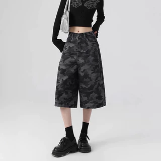 S~5XL Camouflage shorts กางเกงครอปขาตรงสไตล์เรโทรแบบใหม่ กางเกงทรงตรงเอวสูงทรงหลวม กางเกงขาสั้นลายพรางลำลองทรงหลวม