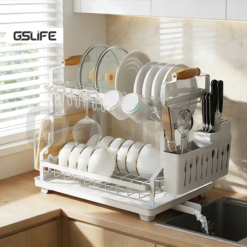 GSlife ไม่ต้องติดตั้ง ที่คว่ำถ้วยจาน ชั้นวางจานพับเก็บได้ พร้อมถาดรองน้ำ Kitchen Dish Rack Organizer