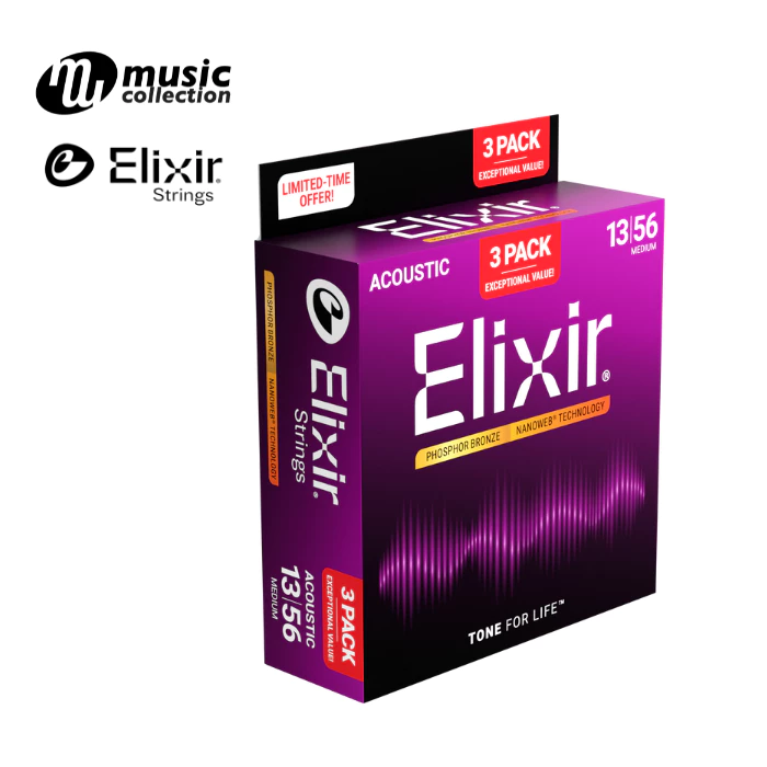 สายกีตาร์โปร่ง ELIXIR Acoustic Phosphor Bronze Nanoweb (Medium .013) Bonus Pack 3 Sets #16570