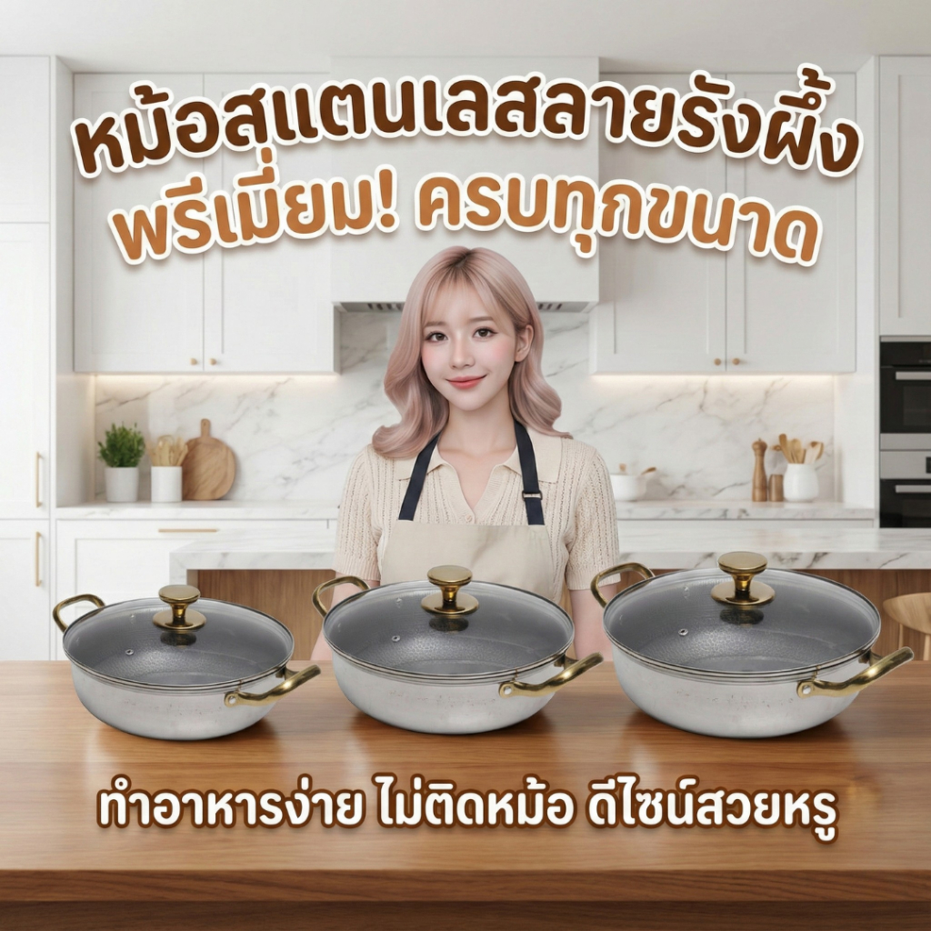 หม้อสแตนเลส ลายรังผึ้ง พร้อมฝาแก้ว เคลือบผิว Non-Stick ไม่ติดอาหาร ได้ทั้งผัด ต้ม ตุ๋น ใช้ได้ทุกเตา