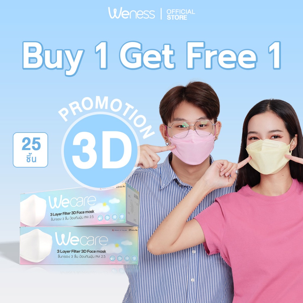(1 เเถม 1) Weness วีเนสหน้ากากอนามัย รุ่น 3D นวัตกรรมสายเเบน หนา 4 mm. ทอนุ่มพิเศษ ยืดหยุ่นดีมากกกไม่กดรั้งหลังหู
