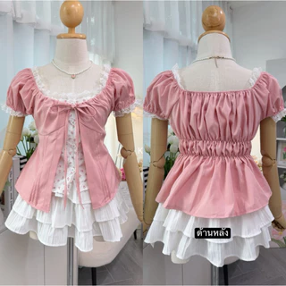 (อก28-40)เสื้อแขนตุ๊กตา ผูกโบว์หน้าดีเทลแต่ง 2 ชั้น (งานชิ้นเดียว) สาวอวบใส่ได้อกถึง 40(เสื้ออย่างเดียว) เสื้อผ้าผู้หญิง