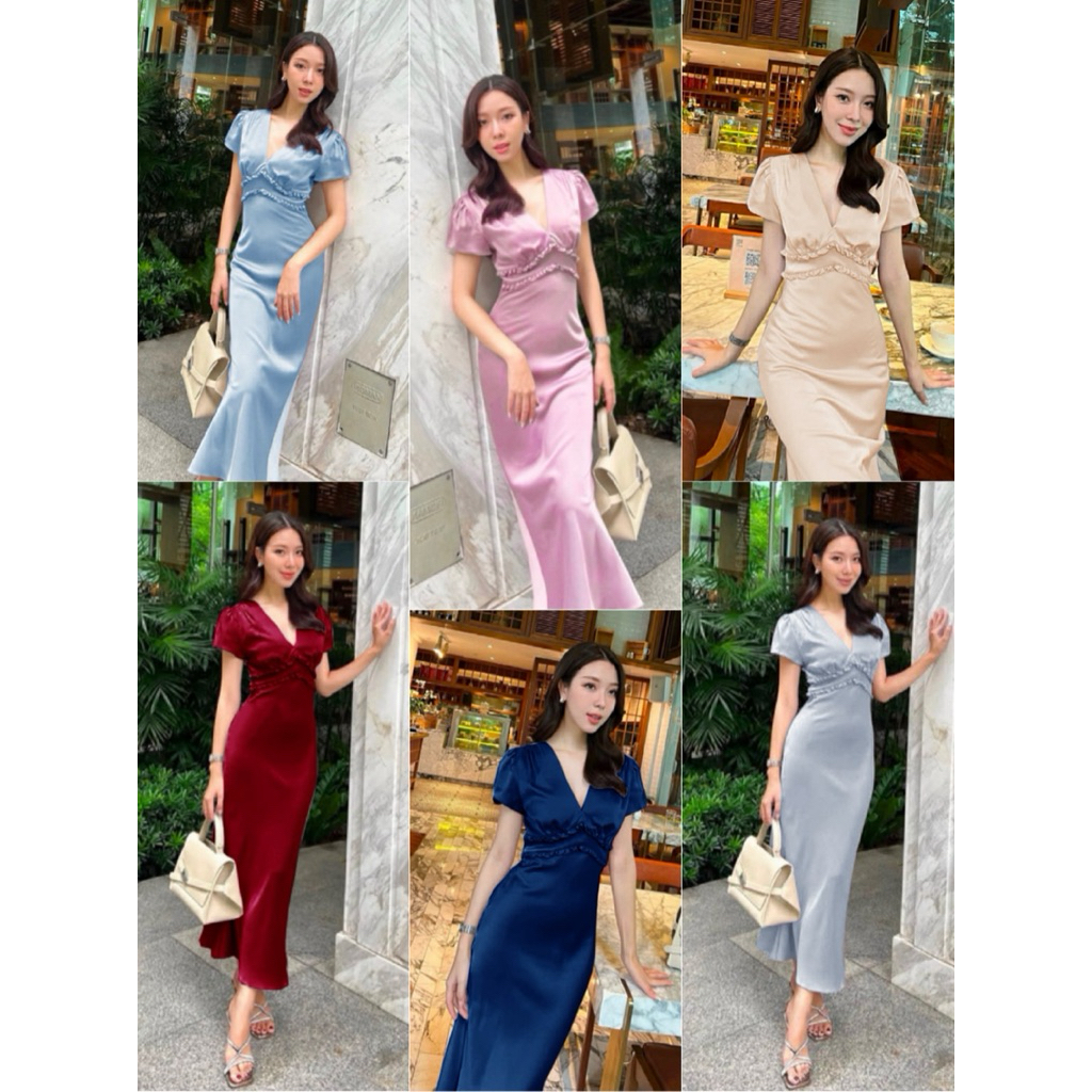 New !!! 💜🩷 ชุดราตรียาว ใส่ออกงานเพื่อนเจ้าสาว S/M/L อกแต่งระบายทรงคอวี ทรงสวย งานไฮคราส ผ้าซาตินรัสเซียเนื้อหนา