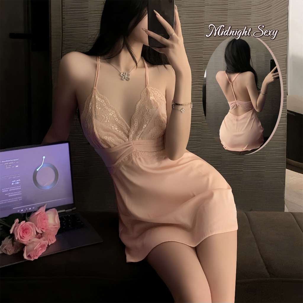 ชุดอยู่บ้าน pajamas คอวีลึก เปิดหลัง ลูกไม้ ซาติน ผ้านิ่ม ทรงหลวม ใส่สบาย หลากสี ฟรีไซส์