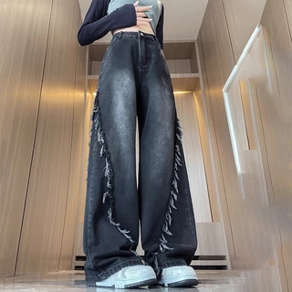 S~5XL Baggy jeans for women กางเกงยีนส์วินเทจสีดำ กางเกงขายาวทรงตรงดีไซน์ขอบดิบสุดเทรนด์ กางเกงยีนส์ขากว้างแบบลำลอง HOT