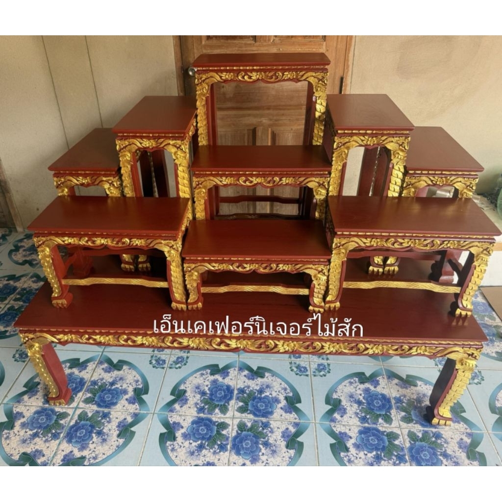 ส่งฟรีโต๊ะหมู่บูชาไม้สัก หมู่9 หน้า9 แกะสลัก สีแดงแต้มทอง รูปที่ 7