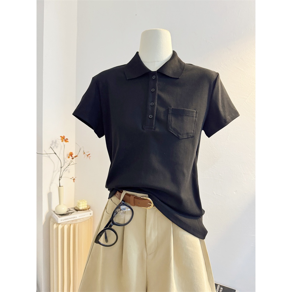 cherryshop พร้อมส่ง เสื้อโปโลแขนสั้นแฟชั่นสไตล์เกาหลีเรียบง่ายสำหรับผู้หญิง กระดุมหน้า ผ้าเนื้อนุ่ม แฟชั่นย้อนยุค - รูปที่ 7
