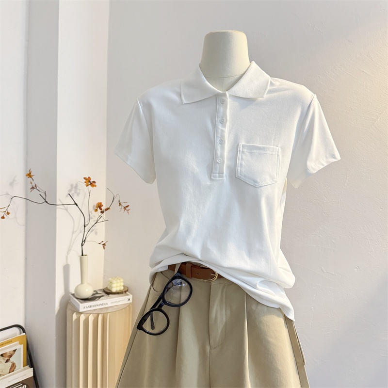 cherryshop พร้อมส่ง เสื้อโปโลแขนสั้นแฟชั่นสไตล์เกาหลีเรียบง่ายสำหรับผู้หญิง กระดุมหน้า ผ้าเนื้อนุ่ม แฟชั่นย้อนยุค - รูปที่ 6